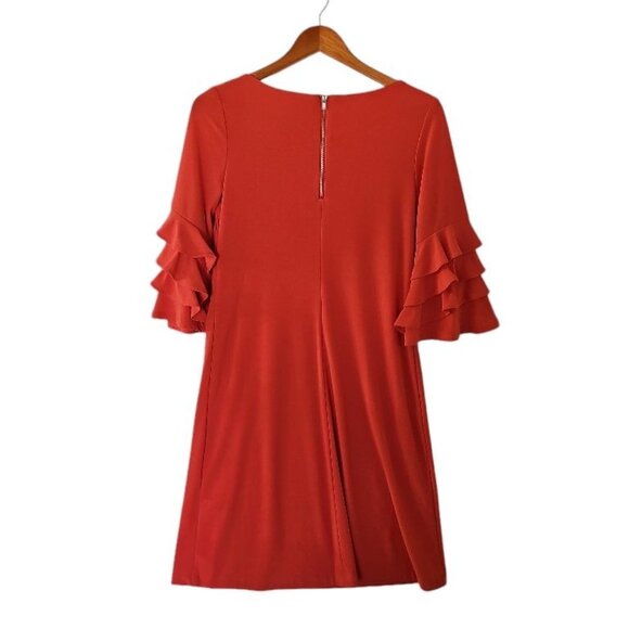 Gabby Style Orange Coral Midi‎ Shift Dress Bell Ruffle 3/4 Sleeve size 6 - Picture 14 of 16